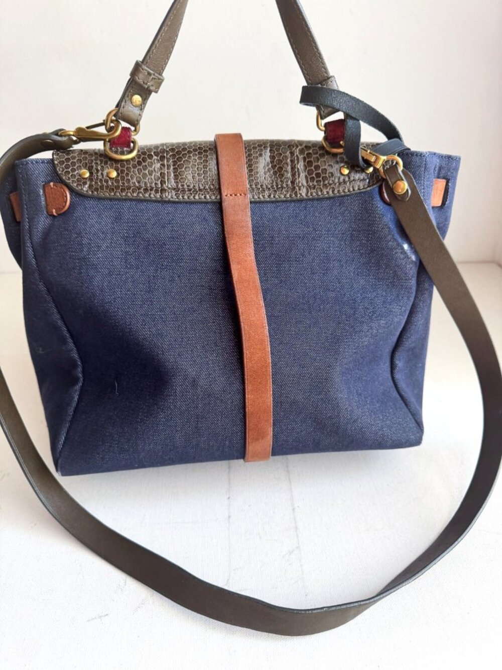 JEROME DREYFUSS Edouard handbag shoulder hand bag Suede Denim Snakeskin - Picture 4 of 8